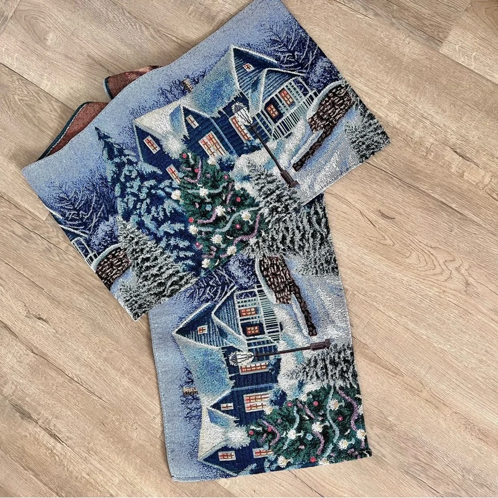 Christmas Tapestry Table Runner Winter Scene & Horse Tree‎ 70” X  13”